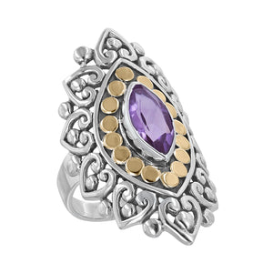 Sterling Silver Marquis Amethyst Ring with Scroll Work and 18K Gold Accents