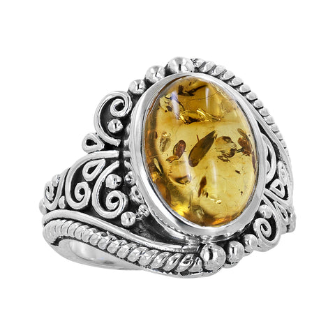 Bali Sterling Silver Amber Scroll Work Ring