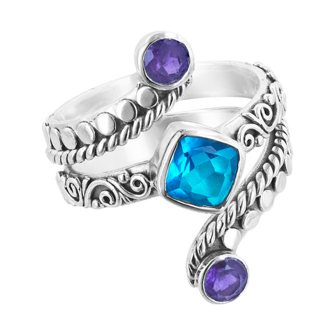 Bali Sterling Silver Wrap Ring with Blue and Purple Stones