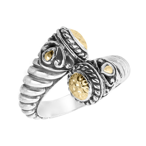 Sterling silver cable bandbypasss ring with hammered 18K gold ends and accents