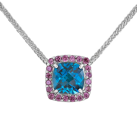 Blue gemstone amethyst and rhodolite pendant